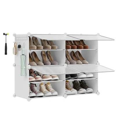 Imagen de SONGMICS Mueble Zapatero Plástico, 4 Compartimentos, Modular, Estantería Modular de 30 x 40 cm Cada Cubo, con Puerta, Marco Acero, Panele Blanco LPC032W01