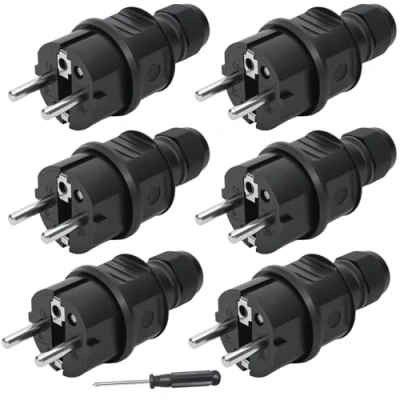 Imagen de 6 enchufes Schuko, protección de contacto, ignífugo, IP44, enchufe europeo Schuko para cable 6,6 mm, 250 V (16 A), conector exteriores