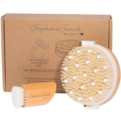 Imagen de Stephanie Franck Beauty Dry Brushing Body &amp; Face Brush Set de cepillos para masaje manual en seco del cuerpo (firme) y la cara (suave) cerdas naturales madera