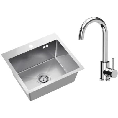 Imagen de VBChome fregadero de acero inoxidable con grifería, 50 x 45 cm, cepillado, orificio para grifo, cocina grande, sifón cepillado grifo cromado