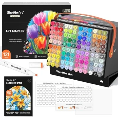 Imagen de Shuttle Art Rotulador de 121 Colores, 120 Colores más 1 Blender Rotuladores Alcohol Permanent, Doble Punta con Estuche Bloc, Perfecto para Ilustración Adultos Colorear Dibujar y Tarjetería