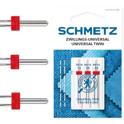 Imagen de SCHMETZ Aguja Para máquina de coser 3 Agujas Gemela Universal 1,6/70, 2,0/80 y 3,0/90 130/705 H ZWI NE 1,6, 2,0 3,0 pespuntes decorativos nervuras