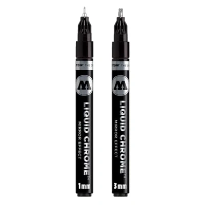 Imagen de Molotow Juego de rotuladores líquidos cromados para caligrafía (punta redonda 1,0 mm y punta 3,0 mm, lápiz metálico con tinta especial efecto espejo auténtico), color cromo