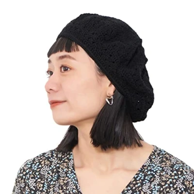 Imagen de CHARM Mujer Gorro Boina De Punto Crochet Beret Francesa Beanie para Mujeres Verano Sombrero Estilo Boho Vintage Negro