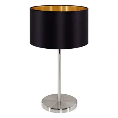 Imagen de Eglo lámpara de mesa Maserlo, escritorio textil 1 foco, luz mesita noche acero y tela, color níquel mate, negro, dorado, portalámparas E27, incl interruptor