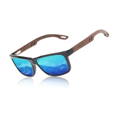 Imagen de KINGSEVEN Gafas de Sol Cuadradas Polarizadas para Hombre, Vintage con Espejo Marco Madera Cebra Conducir W5508 (Azul)