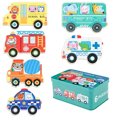 Imagen de Puzzles de Madera Niños 3 Años, Victse 6 Pack Rompecabezas Puzzle Juguetes Bebes para 1 2 4 5 Años Montessori Educativos Regalos 3D Patrón Puzles con Caja Meta (Trafic)