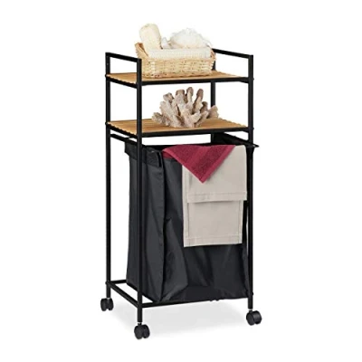 Imagen de Relaxdays Carrito Baño con 2 Estantes, Estantería, Cesta Ropa Sucia, Metal Bambú, 1 Ud, 89,5x39x32,5 cm, Negro Marrón, 89.5x39x32.5 cm