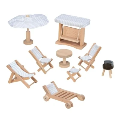 Imagen de goki 51475 Muebles de jardín muñecas madera haya, diferentes asientos, diseño moderno rayas, columpio funcional