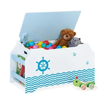 Imagen de Relaxdays Baúl Marinero, Caja Juguetes Tapa, 46 x 84 42,5 cm, Baldas Libros, Arcón Infantil, Blanco y Azul, Tablero de Fibras