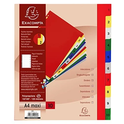 Imagen de Exacompta 84E Separadores de polipropileno con 10 pestañas impresas digitalmente del 1 al en color Ficha imprimible Formato para archivar A4 maxi Dimensiones 24,5 x 29,7 cm