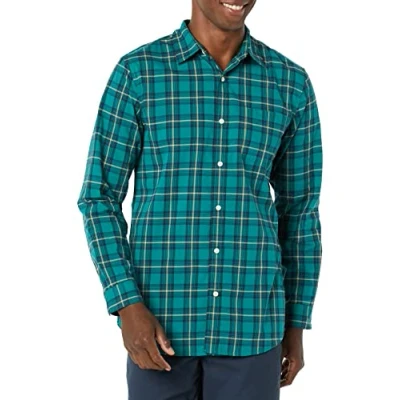 Imagen de Amazon Essentials Camisa de Popelina Elástica Corte Ajustado y Manga Larga Hombre, Verde Dorado A Cuadros, XS