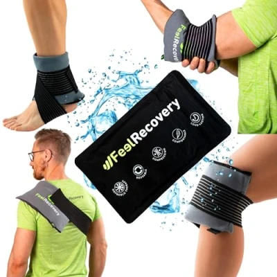Imagen de Bolsa de Gel para Aplicar Frío y Calor Reutilizable (28x17 cm) Recuperación Lesiones Deportivas: Rodilla, Tobillo, Codo, Espalda Hombros Hielo con Cinta Elástica Compresión