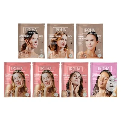 Imagen de Iroha Nature Pack Completo de Tratamiento con 7uds. Mascarillas Faciales Tisú Enriquecidas Vitamina C, Colágeno, Retinol, Péptidos, Q10, Ácido Hialurónico, Aloe y Glicólico