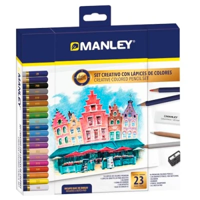 Imagen de Manley set creativo con lápices de colores 23 piezas Artist quality Incluye 18 premium, 1 lápiz grafito 2B, blender, goma borrar, sacapuntas y bloc bocetos A5