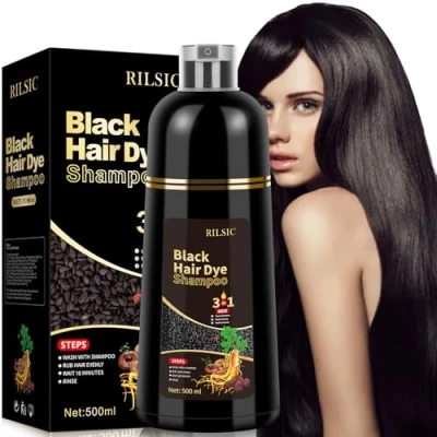 Imagen de 500ML Champú Tinte Negro Cubre Canas, Black hair Dye Shampoo 3 En 1, Champu Colorante Pelo, Canas Mujer Hombre, dye， Minutos para Hombre (Negro)