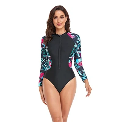 Imagen de BEACHKINI Traje de baño una Pieza para Mujer, Manga Larga con Cremallera Frontal, Triangular,42 Colorido,XL