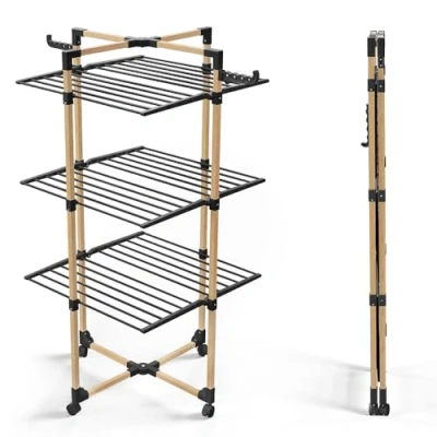 Imagen de VOUNOT Tendedero de Pie Torre 3 Niveles, Vertical 25m Tendido Secadora Plegable Ahorra Espacio con Ruedas y Ganchos Laterales, Rejilla Secado Aspecto Madera, 69x136x69 cm, Negro