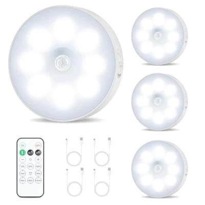 Imagen de Iluminación LED para vitrina inalámbrica, luz debajo del mostrador gabinete de cocina con sensor movimiento control remoto, nocturna regulable recargable(4 unidades) (WHITE)