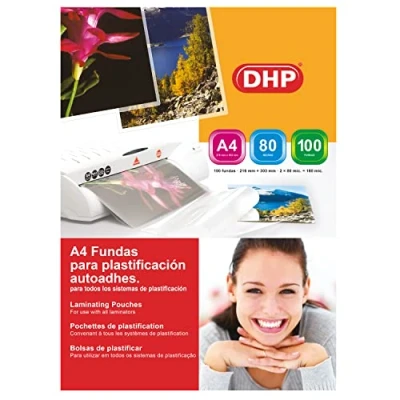 Imagen de Fundas de Plastificar DHP Formato A4 autoadhesivas, 80 micras, Brillo, Caja 100 unidades
