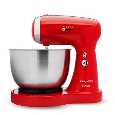 Imagen de SOGO Amasadora Repostería, Mezcladora y Batidora 3 en 1 con Bol Giratorio, Varillas Ganchos para Amasar de Acero Inoxidable, 5 Velocidades, 3,2 Litros, Rojo (SS 14506)