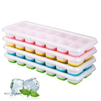 Imagen de 4 moldes para cubitos de hielo, hielo con tapa, bandeja hacer molde silicona, 14 rejillas silicona