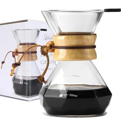 Imagen de Lalord Cafetera de Goteo con Filtro Acero Inoxidable Reutilizable, Jarra Café Vidrio Borosilicato, Collar Madera, Capacidad Para 2 tazas, 13.5 oz/400 ml