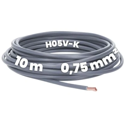 Imagen de Kalitec 10 metros H05V K 0,75 mm² gris cable flexible I PVC individual mm2 cableado fino de un solo alambre conmutación ignífugo