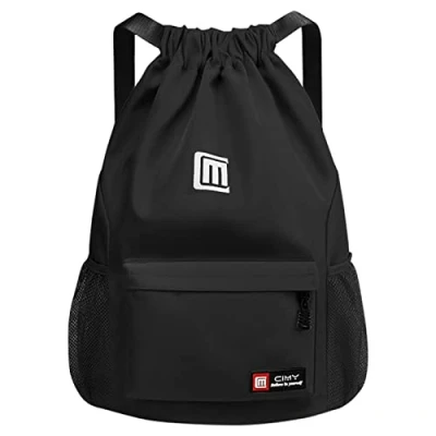 Imagen de Eucomir Mochilas De Cuerdas, Mochila Deporte Gym Malla Agua, Bolsa Cordón Impermeable Nylon Gimnasio Con Cremallera Exterior Para Deportes Vacaciones,Negro