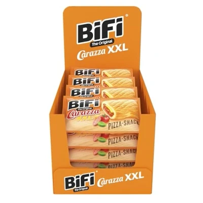 Imagen de BiFi Carazza Original XXL Aperitivos de pizza, pack 16 bolsitas (75 g cada una), minipizzas para llevar, viajes, oficina y pausa del mediodía, con salami, salsa pizza queso