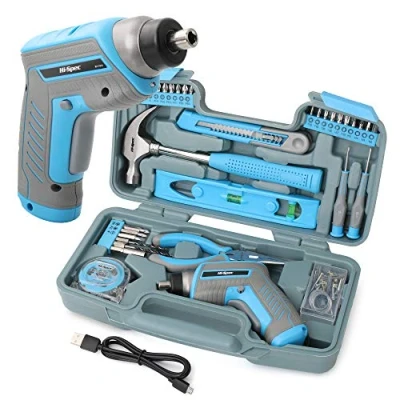 Imagen de Hi Spec Caja Herramientas Basicas con Destirnillador Electrico Inalambrico 3.6 Bateria 1300mAh USB. 35 Piezas. Maletin de Mano Juego Puntas Destornillador, Martillo, y Mas.
