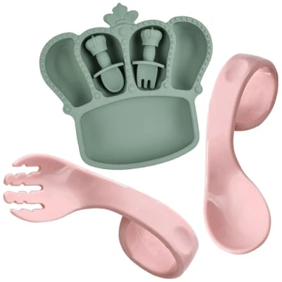 Imagen de 5 Piezas Vajilla Silicona, Platos Para Con Ventosa De Aprendizaje Niños Cuchara y Tenedor Aprendizaje, Silicona Antideslizante Fácil Agarrar