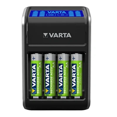 Imagen de Cargador de enchufe con LCD VARTA para pilas AA/AAA/9 V y dispositivos USB (incl. 4 AA 2100 mAh), negro