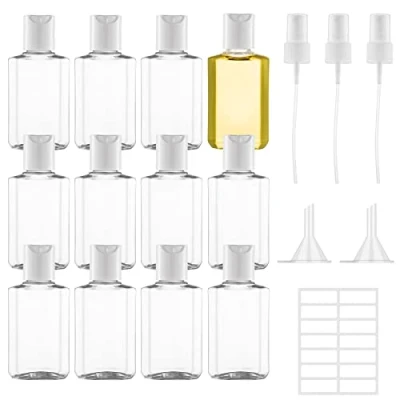 Imagen de Juego de 12 botellas viaje 60 ml, plástico para rellenar, cosméticas transparentes con aspersor, embudo y etiqueta viajes en avión champú acondicionador loción (60 ml)