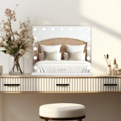 Imagen de Espejo HOLLYWOOD 58 x 46cm con luz LED &amp; altavoz Bluetooth aumento de 10x 2 puertos carga USB A y C 3 modos color Paño limpieza microfibra + Kit Fijación incluído