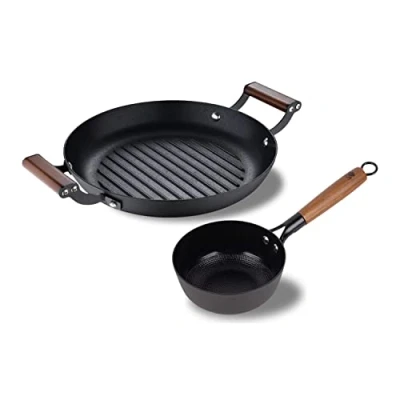 Imagen de MasterPro Odín Cacerola de 16 cm y placa parrilla 28 hierro prensado Mango ergonómico madera acacia Utensilios cocina Para todo tipo cocinas