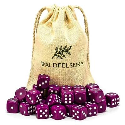 Imagen de Waldfelsen® juego de 6, 12, 20, 30 o 50 dados alta calidad Tamaño estándar 16 mm Cubo acrílico Botón Dice 6 lados Accesorios para juegos con bolsa tela (púrpura,