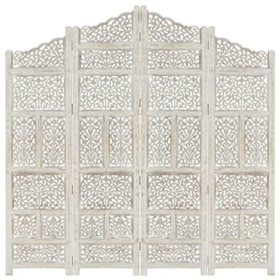 Imagen de vidaXL Biombo 4 Paneles Tallado a Mano Divisor Pantalla Separador Dormitorio Salón Oficina Despacho Sala de Estar Decoración Blanco Madera Mango