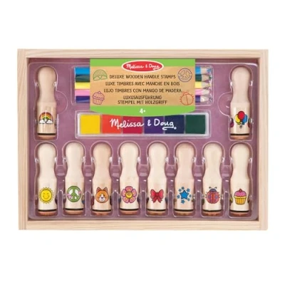 Imagen de Melissa &amp; Doug sellos de madera Deluxe, 10 con mangos fáciles agarrar y una almohadilla multicolor para estampar, Juguete creativo madera, Regalo niños niñas 3 4 5 6 7 Años