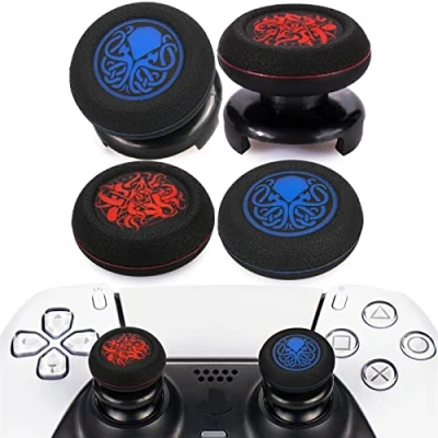 Imagen de Playrealm FPS Thumbstick Grip Agarres para el Pulgar Extensor y Impresión Caucho Silicona Apretón Cubrir 4 Controlador PS5 Dualsenese PS4 (Azul de Cthulhu Tentáculo Demoníaco Rojo)