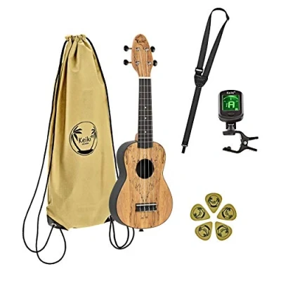 Imagen de Ortega Guitars Ukelele Soprano Keiki K3 incluye afinador, 5 puas de grosor medio y funda estilo bolsa con cuerdas logo arce spalted, SPM