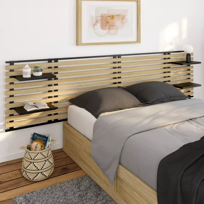 Imagen de IDMarket Cabecero colgante de lamas Detroit 240 cm, madera y metal, color negro con estantes, diseño industrial