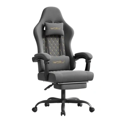 Imagen de WOLTU Silla Gaming Ergonómica, Oficina con Soporte Lumbar Masaje y Reposapiés Extraible, Giratoria Gran Asiento de Muelle, Capacidad 150 kg, Tela Sintética, Gris+Amarillo, GS07gr