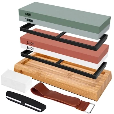Imagen de Piedra de Afilar,Kit Afilar 400/1000 3000/8000, con Base Bambú Antideslizante, Goma Antideslizante y Guía Angulo para Cocina,para Cuchillos Cocina.