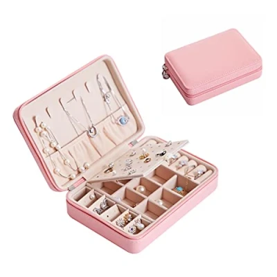 Imagen de 通用 joyero variado de piel sintética, caja joyas, pequeño viaje, organizador joyas para anillos, collares, pendientes, tocado (rosa multifunción), SH688 58