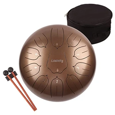 Imagen de LOMUTY 12 Pulgadas 30 CM Tambor de Lengua Acero 11 Notas Clave C Instrumento percusión Handpan Drum con Bolsa Tansporte, Partitura, Baquetas, Púas Dedo(Bronce)