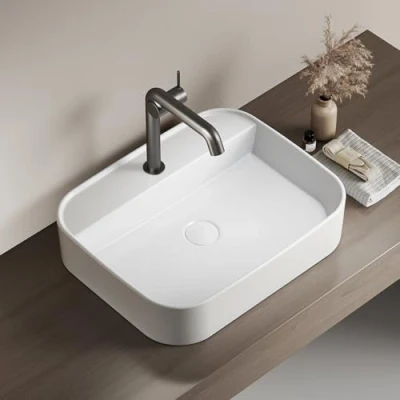 Imagen de EMKE Lavabo Rectangular para Baño y Aseo de Invitados 50 x 40 11 cm, Cerámica, Blanco