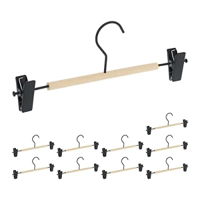 Imagen de Relaxdays Set de 10 Perchas para Pantalones, Pinzas Deslizantes, Colgadores Faldas, 5x30,5x3cm, Negro/Natural, Madera, 11,5 x 30,5 3 cm