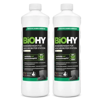 Imagen de BiOHY Limpiador de suelos para robot limpieza con aroma fresco (2 x 1 litro) detergente concentrado todos los robots limpiadores y aspiradores función húmeda sin espuma rayas