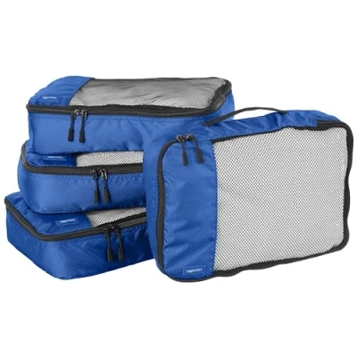 Imagen de Amazon Basics Organizador Para Maletas, Organizadores de Viaje, con Cremallera, Juego 4 Bolsas, Mediano, Azul